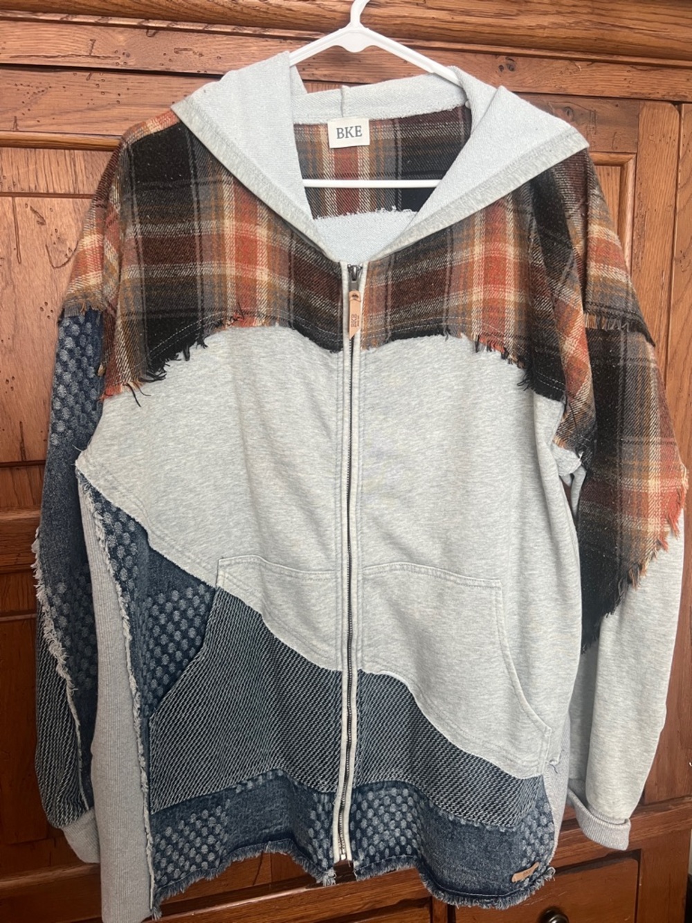 BKE Patchwork Zip Hoodie in Light Gray, Rust Plaid & Denim Blue